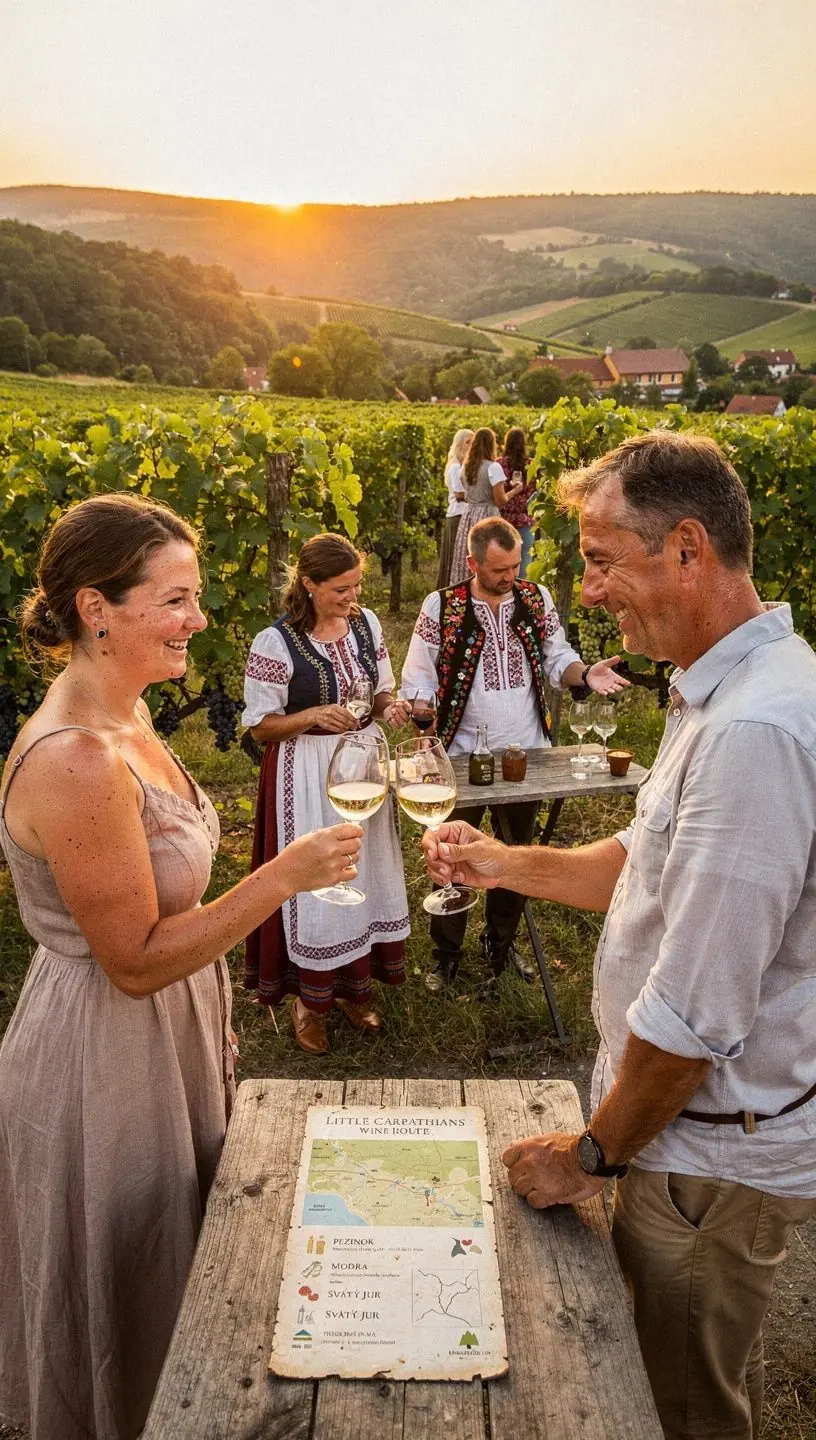 A printed route card showcasing suggested stops along a scenic drive through Slovakian countryside.