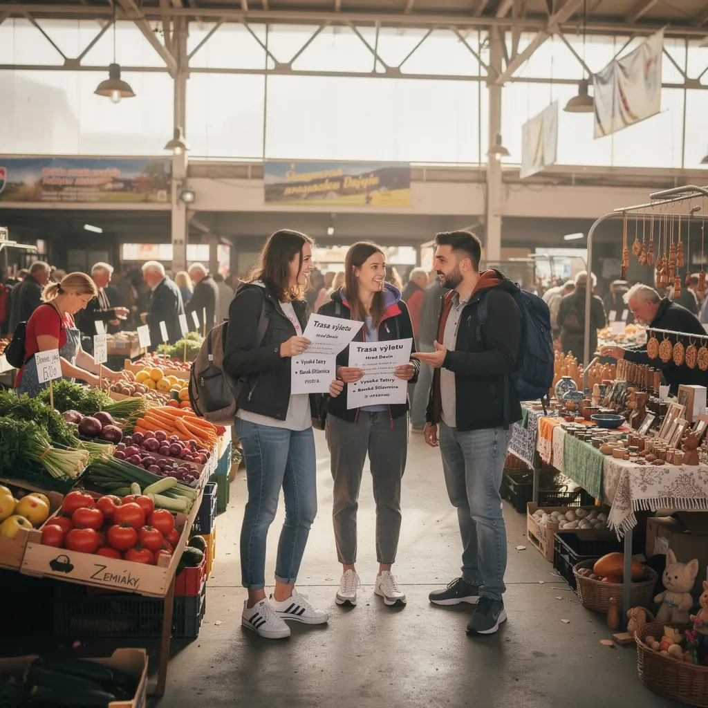 A charming village nestled in the hills, highlighted as a perfect stop on a travel route in Slovakia.