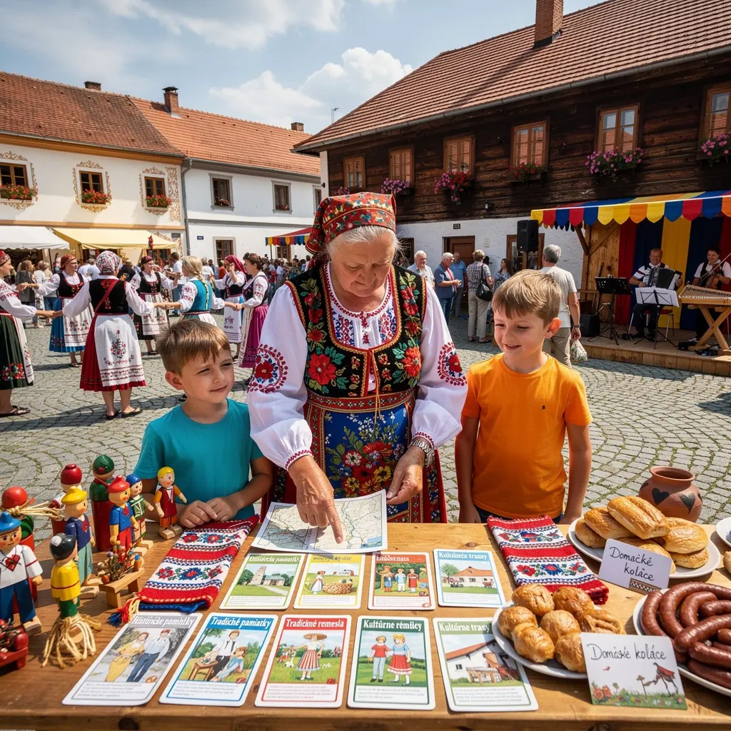 A collection of colorful printed route cards laid out on a wooden table, ready for adventure in Slovakia.